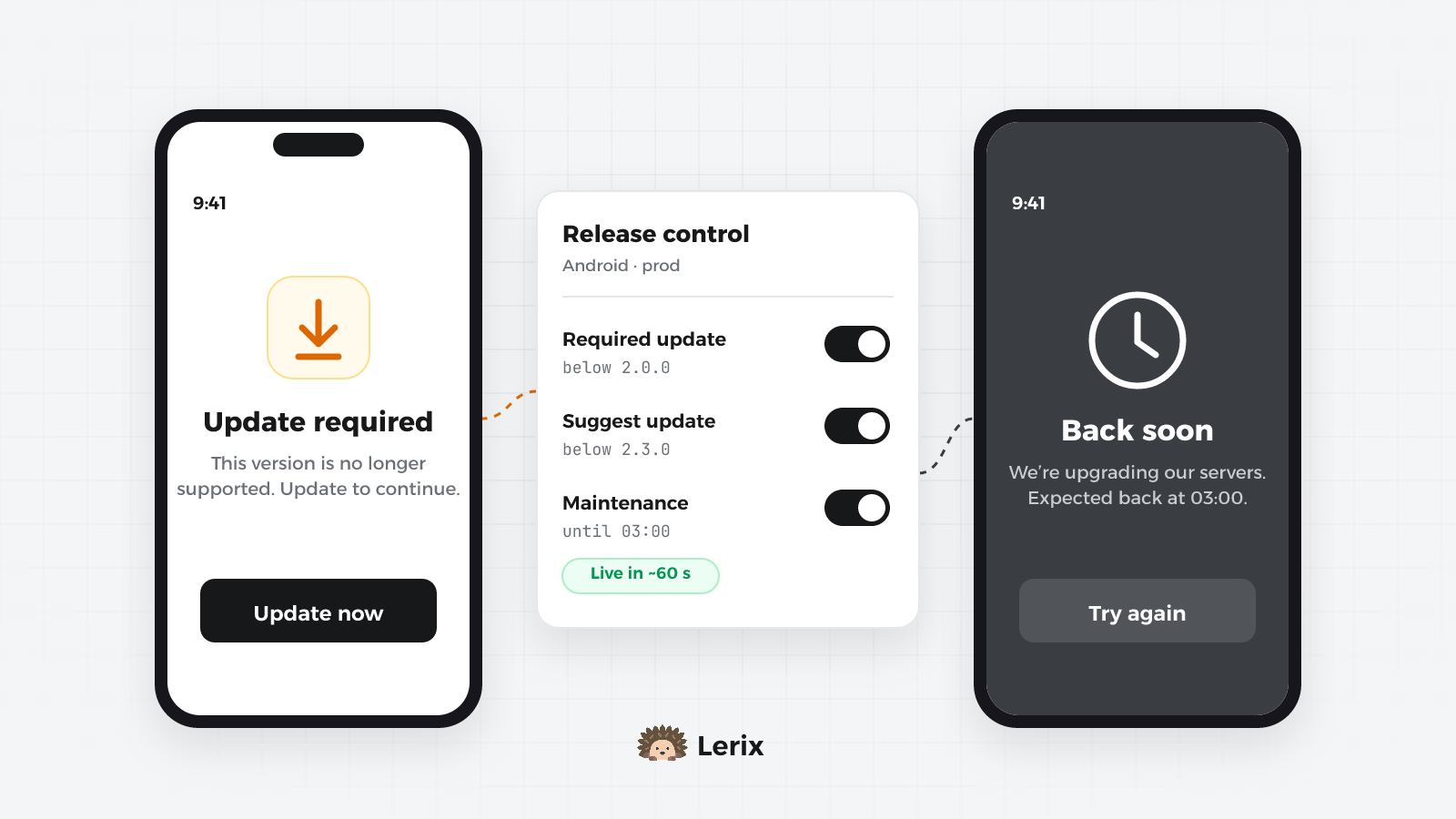 An 'Update required' screen, the release control settings, and a 'Back soon' maintenance screen